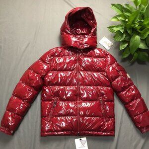 Moncler Red Glossy Hooded Puffer Jacket